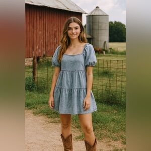 Denim by Flying Tomato Puff Sleeve Tiered Mini Dress Blue Size S